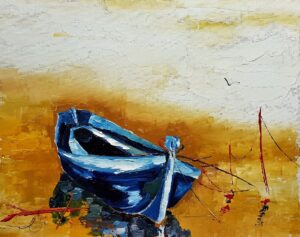 Pictura unei bărci albastre la malul unei ape liniștite evocă, prin simplitate și delicatețea ei, o atmosferă de serenitate profundă, ancorată în frumusețea naturii. Barca, cu liniile sale elegante și culoarea albastră vibrantă, este așezată pe apă, creând un contrast subtil cu liniștea peisajului înconjurător. Aceasta devine simbolul unei călătorii încă neîncepute sau, poate, al unui popas după o aventură îndelungată. Spectatorul este invitat să se întrebe: unde a fost această barcă? Ce povești poartă în ea, tăcute, sub cerul liber?